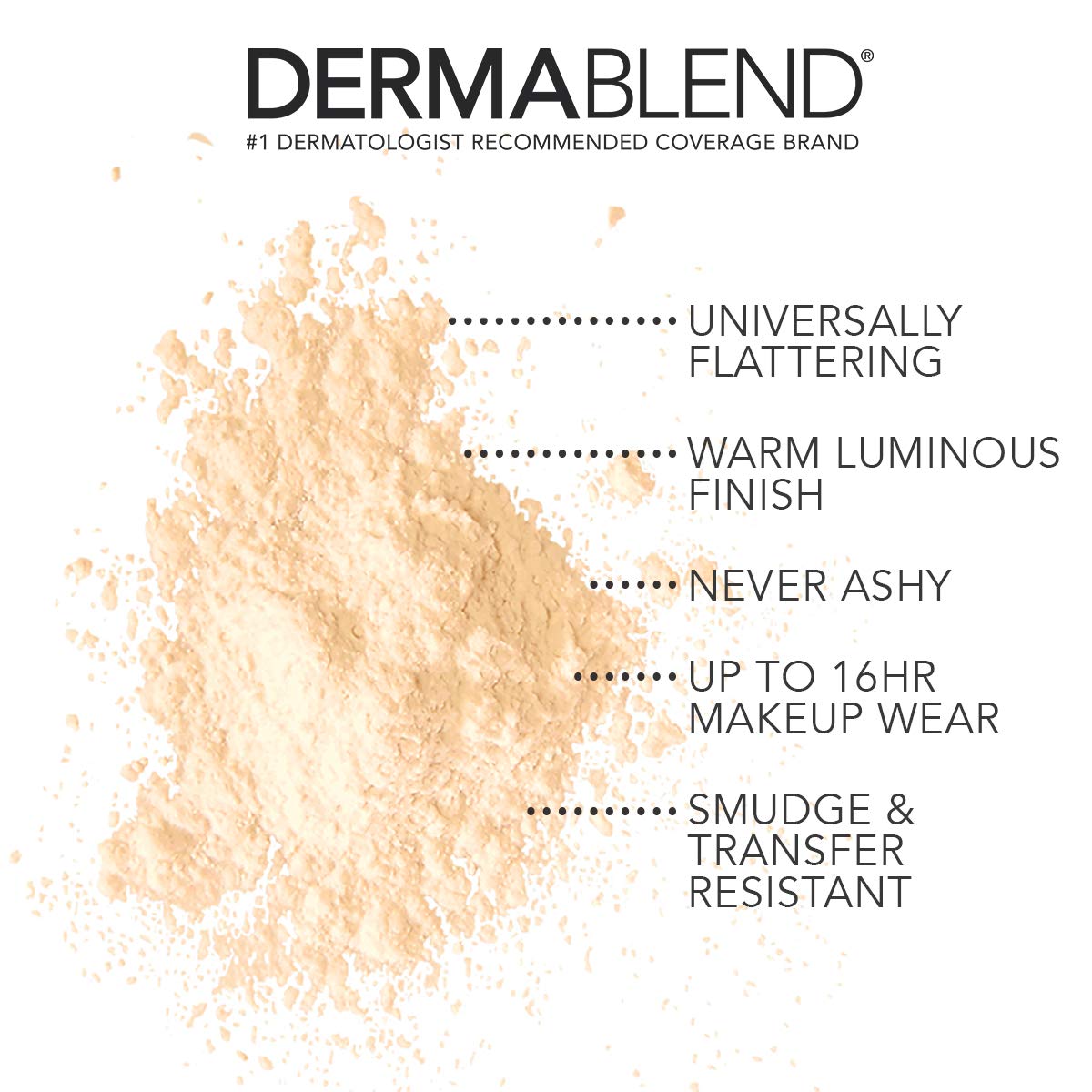 Dermablend close-up of loose powder texture highlighting fine-milled luminous finish