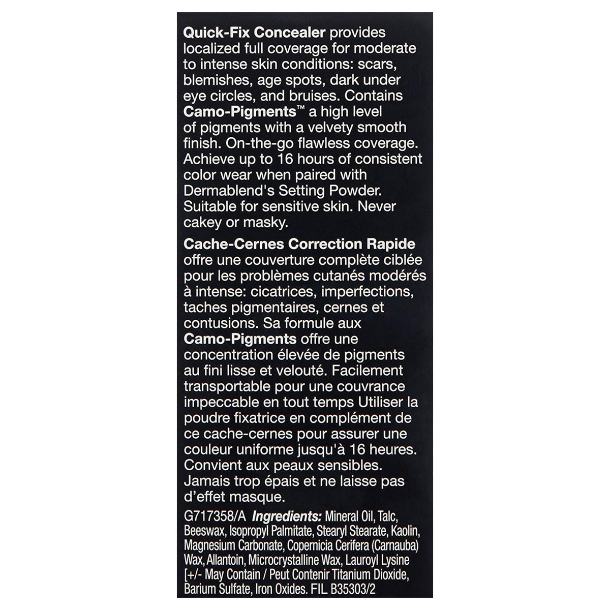Dermablend product label highlights dermatologist-tested and safe formula