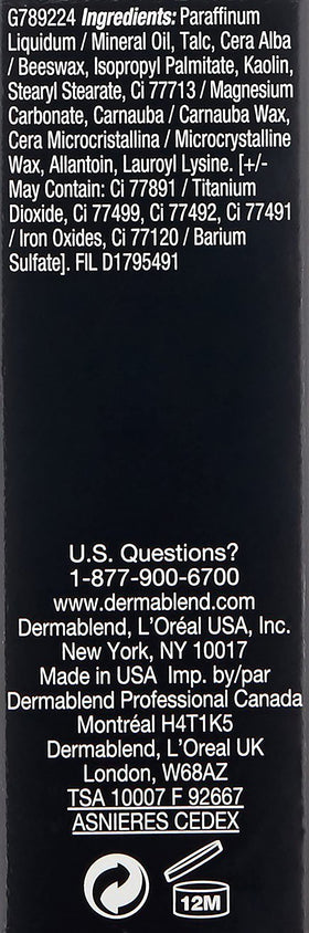 Dermablend Quick-Fix stick next to ruler showing 0.42 oz size for portability