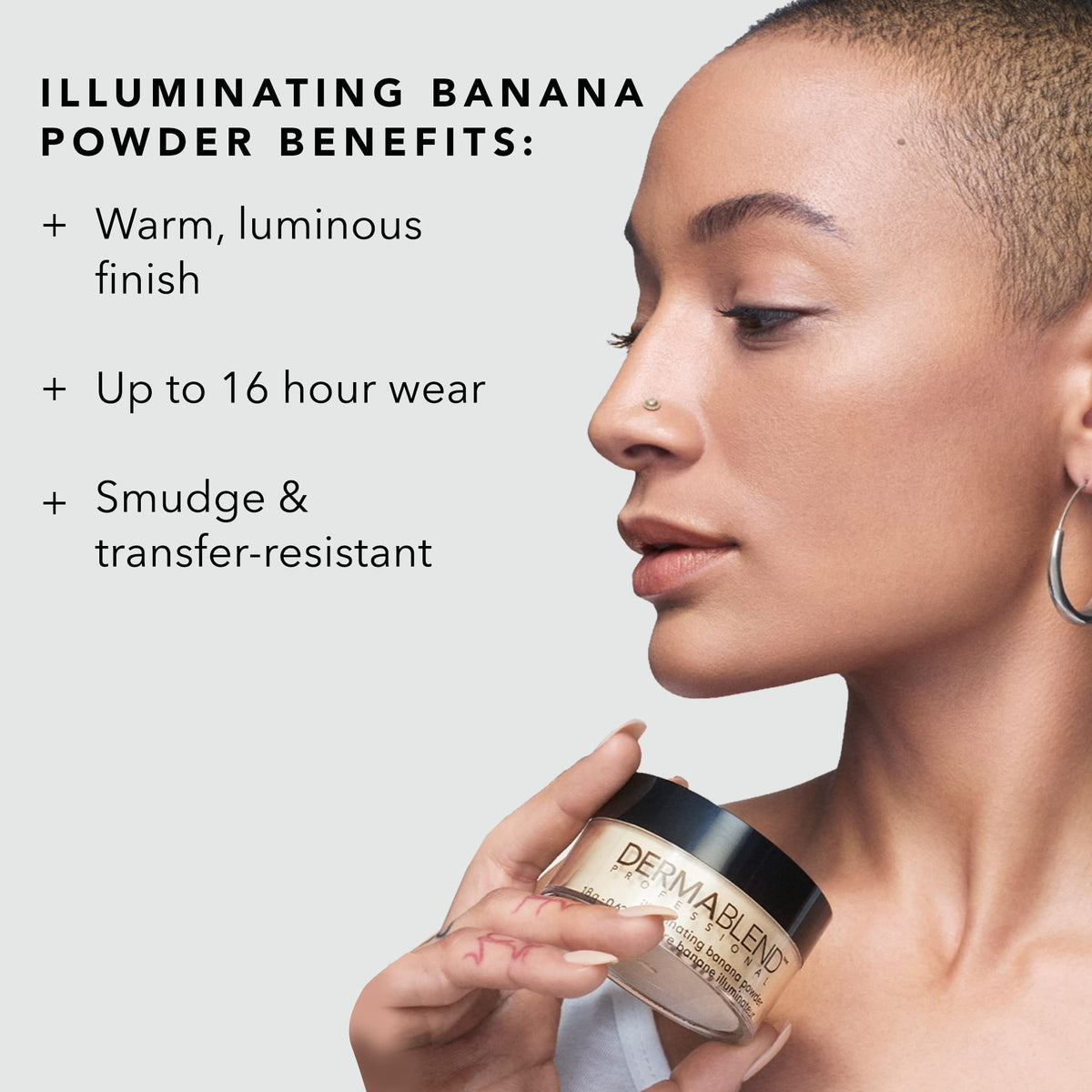 Dermablend powder on vanity styled with tools showing everyday luminous makeup result