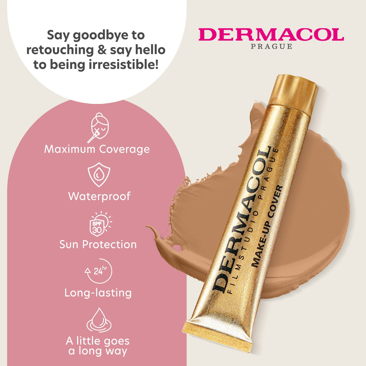 Dermacol before and after photo showing blemish concealment and natural look benefit