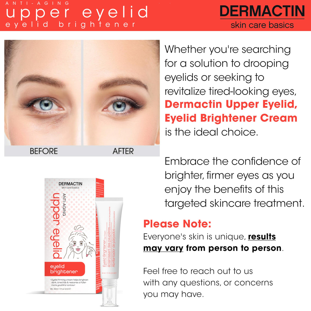 Dermactin small pea-sized application on upper eyelid to demonstrate precise use