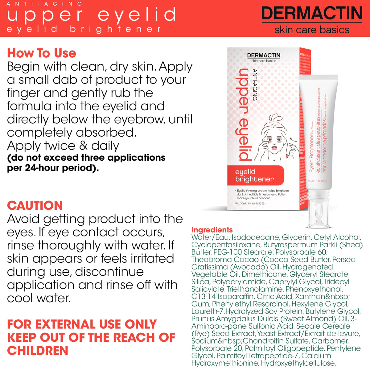 Dermactin close-up label readable ingredients and gentle-for-eyelids message