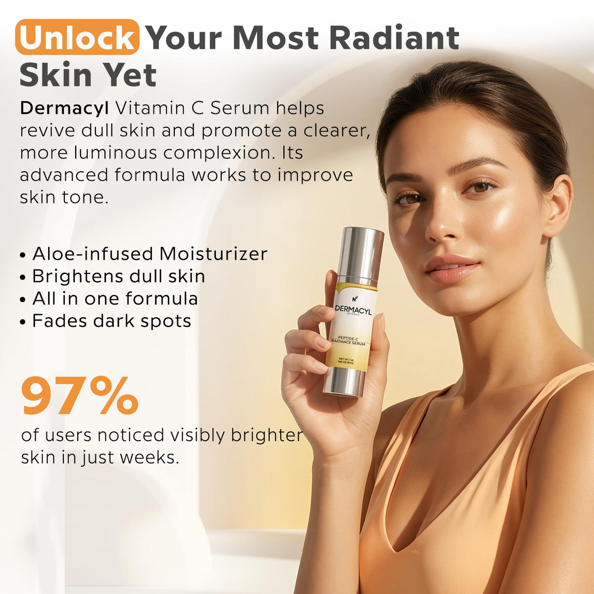 Dermacyl ingredient visual with vitamin C and hyaluronic acid benefits