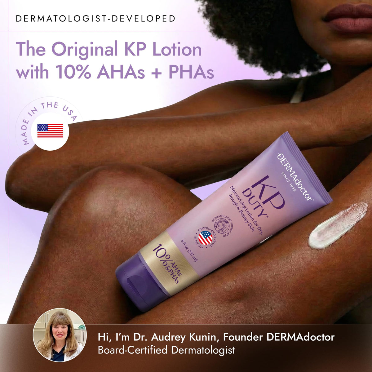 DERMAdoctor creamy lotion texture close-up demonstrating smooth spreadability