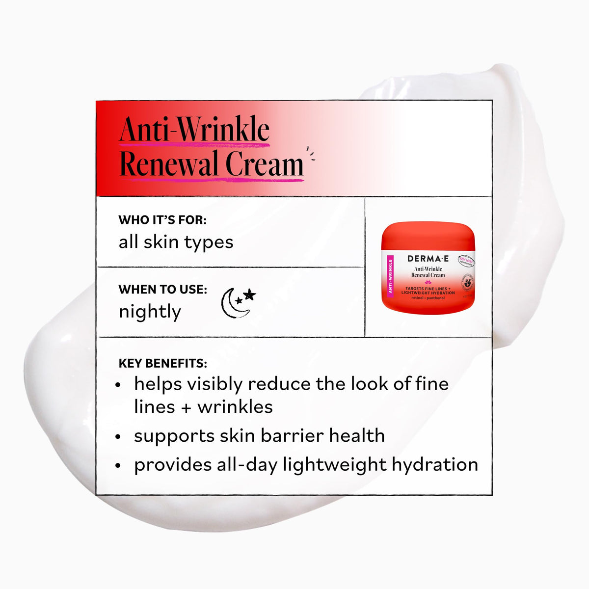 Derma E applied on hand illustrating smooth spreadability benefit