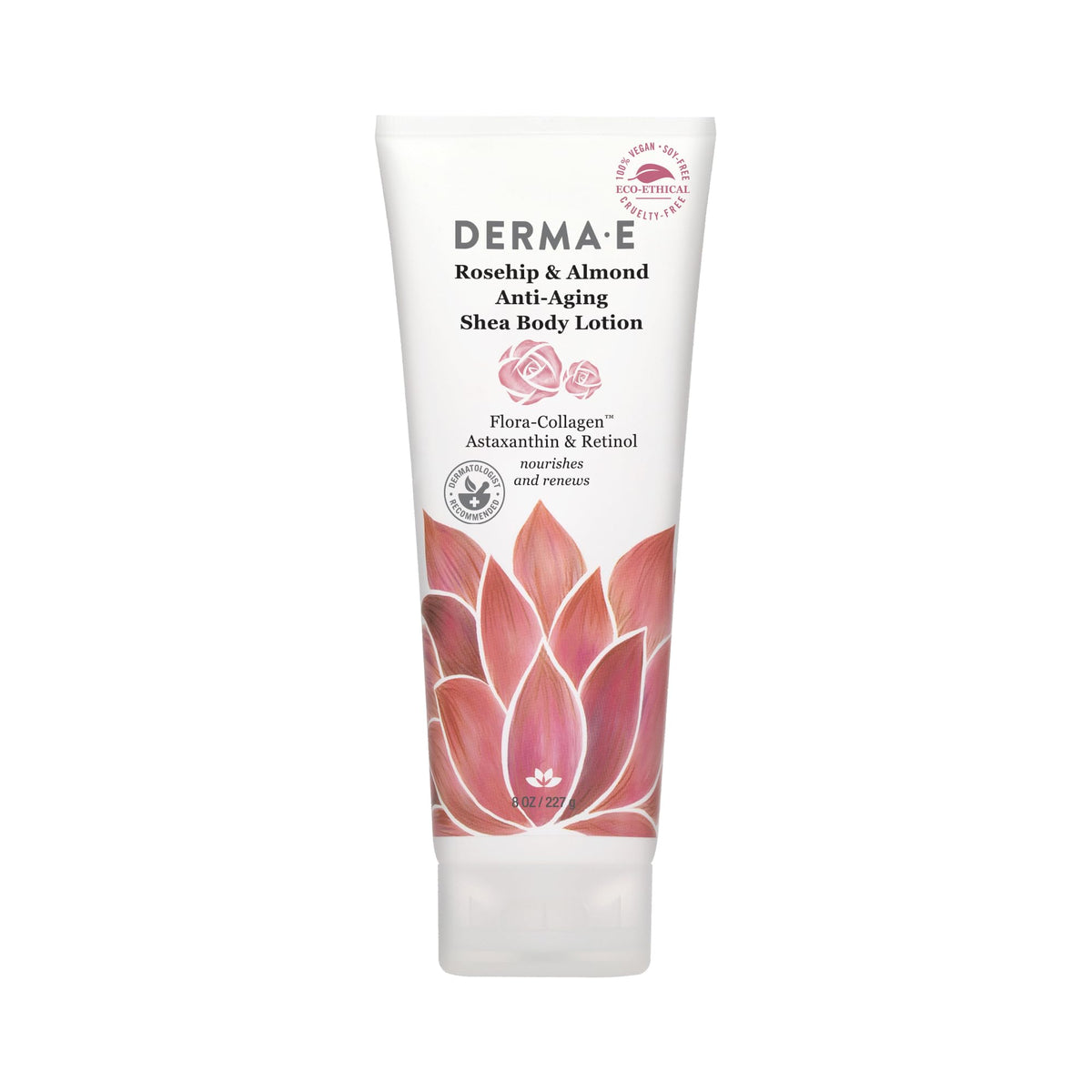 Derma E front bottle showing rosehip almond shea lotion and benefits