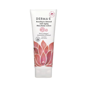 Derma E front bottle showing rosehip almond shea lotion and benefits