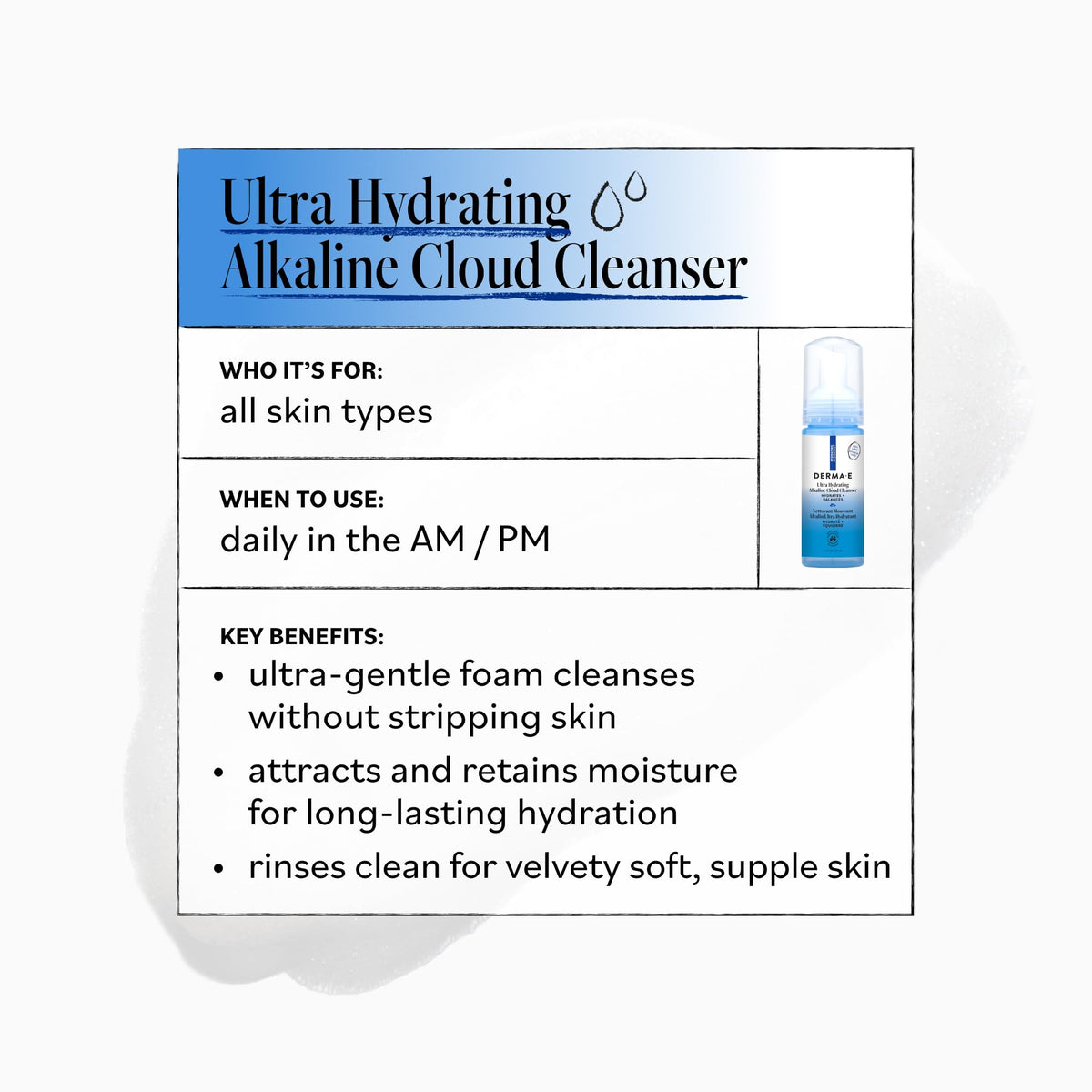 Derma E in-hand application illustrating gentle foam spread and comfortable cleansing