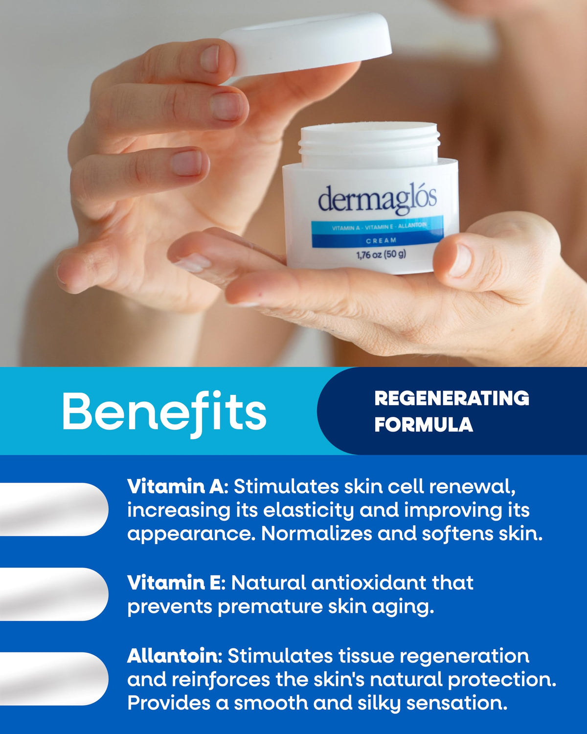 Dermaglós tube held in hand to show compact 1.76 oz size benefit