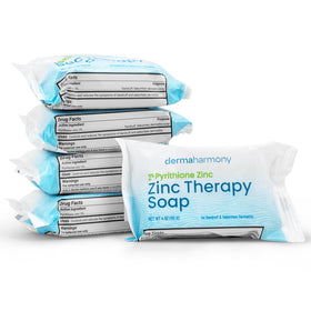 Dermaharmony close-up of label showing 2% pyrithione zinc active ingredient advantage