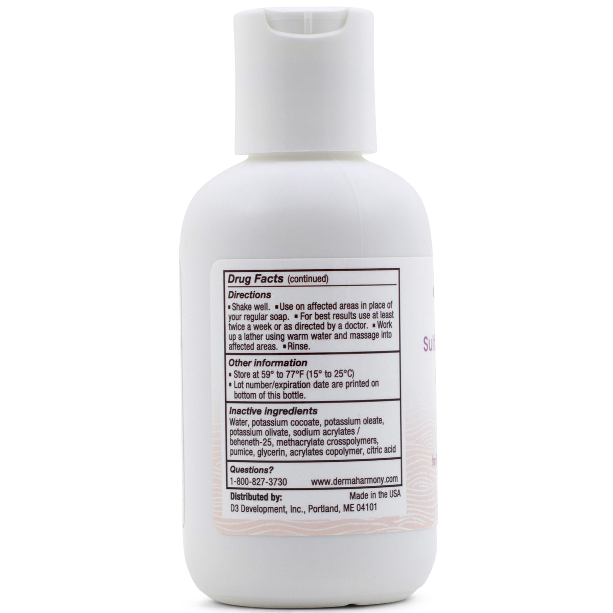 Dermaharmony close-up label listing 5% sulfur and 2% salicylic acid