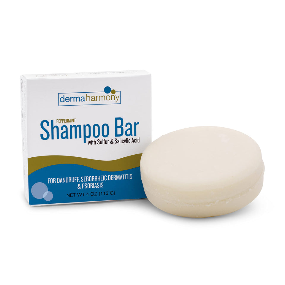 Dermaharmony shampoo bar front packaging showing product and benefits