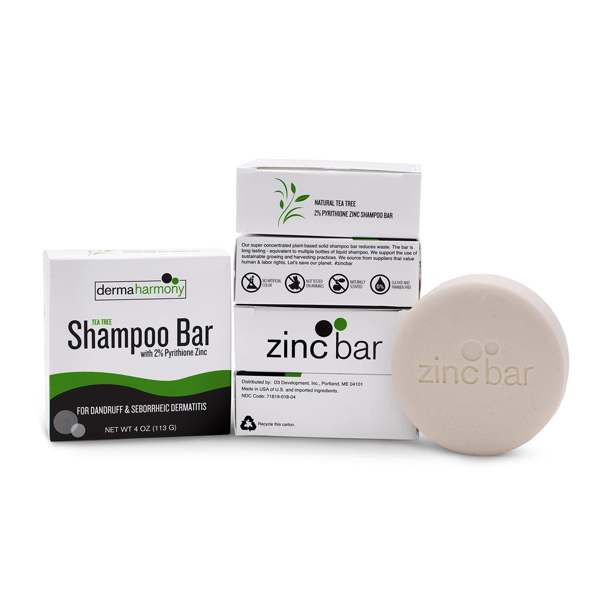 Dermaharmony shampoo bar next to common bottle for scale, illustrating long-lasting value