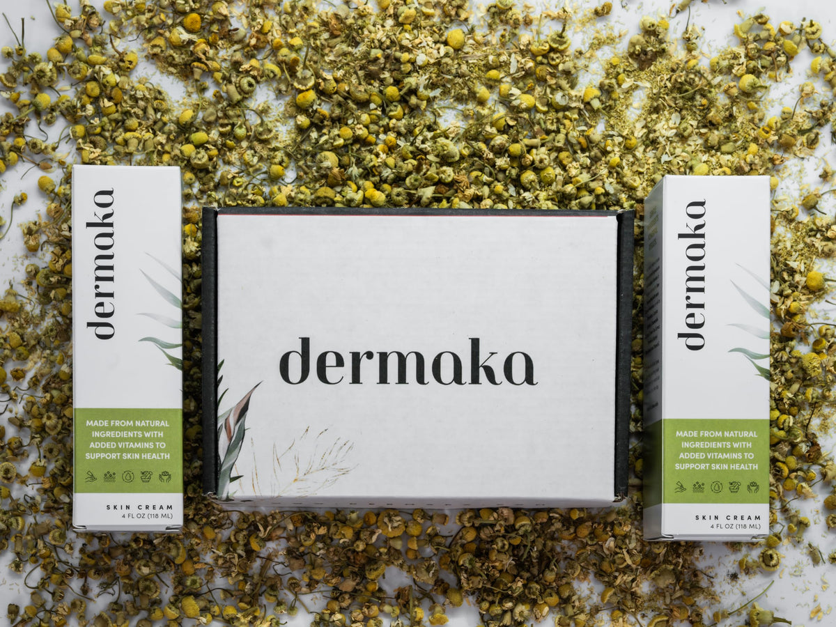 Dermaka 4 oz tube next to common items to show compact travel size