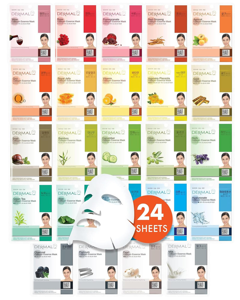 DERMAL front pack showing 24 masks and clear variety benefits