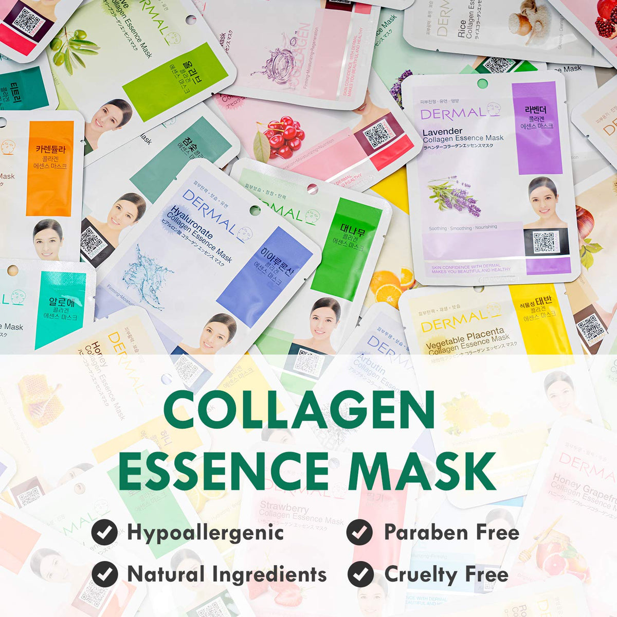 DERMAL individual sachets fanned out to show the different mask types