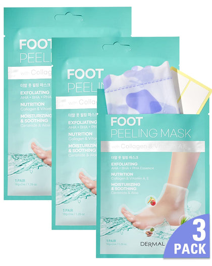 DERMAL front packaging showing three foot peel masks and product benefits