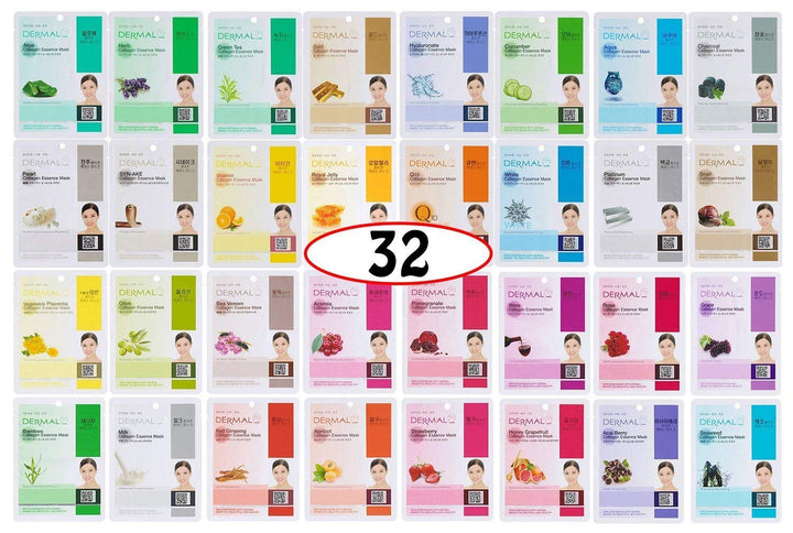 DERMAL front packaging of 32-mask combo highlighting variety and convenience