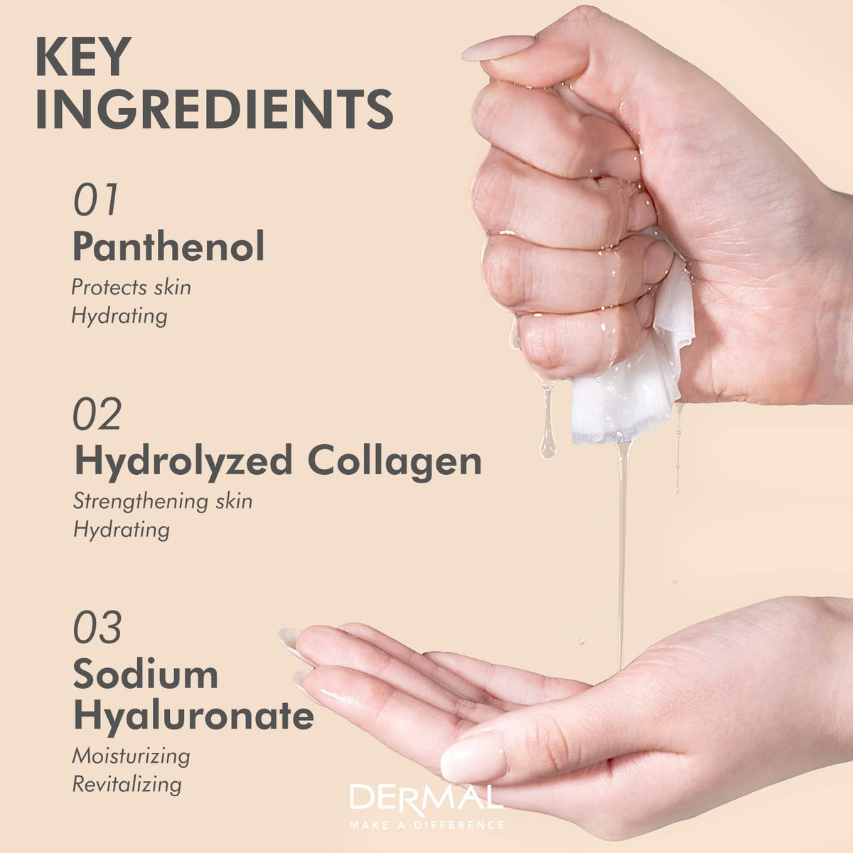 DERMAL box beside a hand showing pack size and travel-friendly benefit