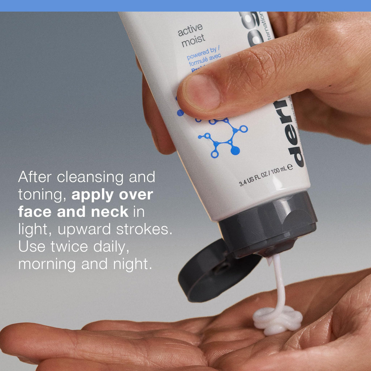 Dermalogica applying lotion on hand demonstrates quick absorption and no-grease benefit