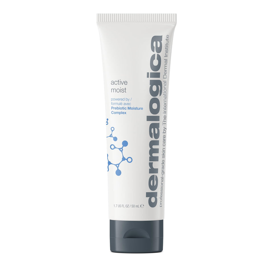 Dermalogica front packaging showing bottle and logo, clear travel-friendly design and benefits