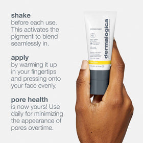 Dermalogica Porescreen next to a ruler showing compact 1 fl oz size