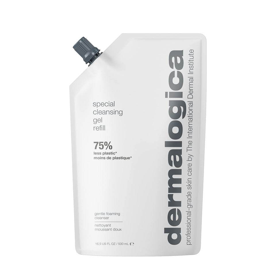Dermalogica refill pouch front view showing eco-friendly packaging and convenient sizing