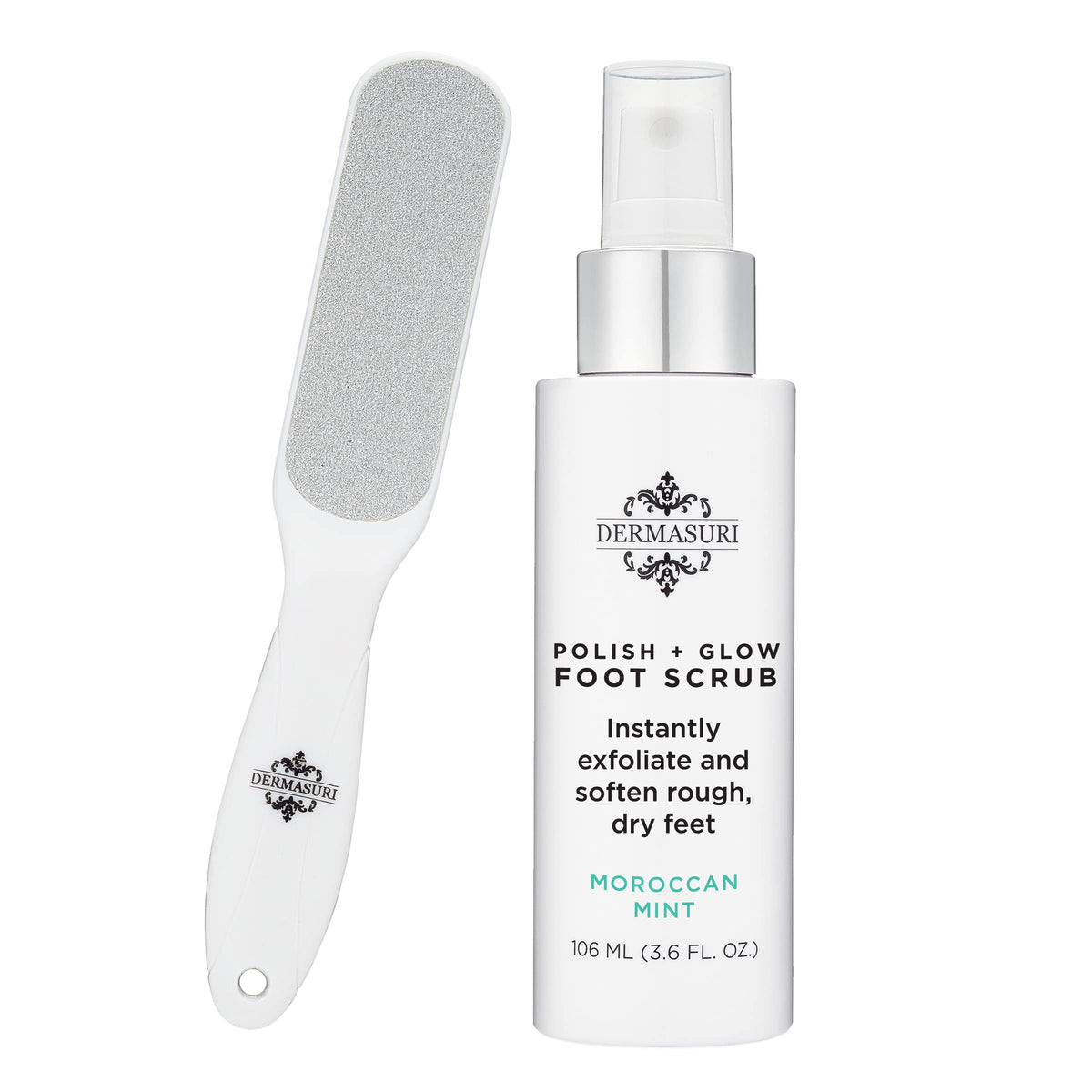 Dermasuri front packaging showing kit contents and benefit of soft feet