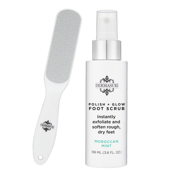Dermasuri front packaging showing kit contents and benefit of soft feet