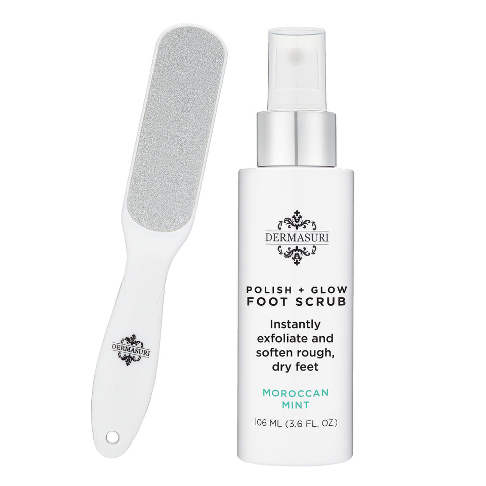 Dermasuri front packaging showing kit contents and benefit of soft feet