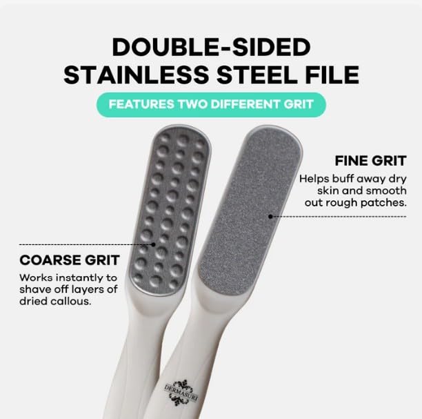Dermasuri dual-sided rasp showing coarse and fine grit for effective filing