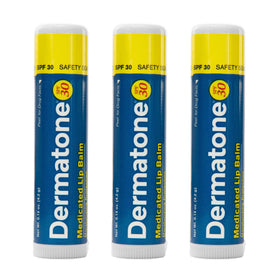 DERMATONE front packaging showing three medicated lip balm sticks and benefits