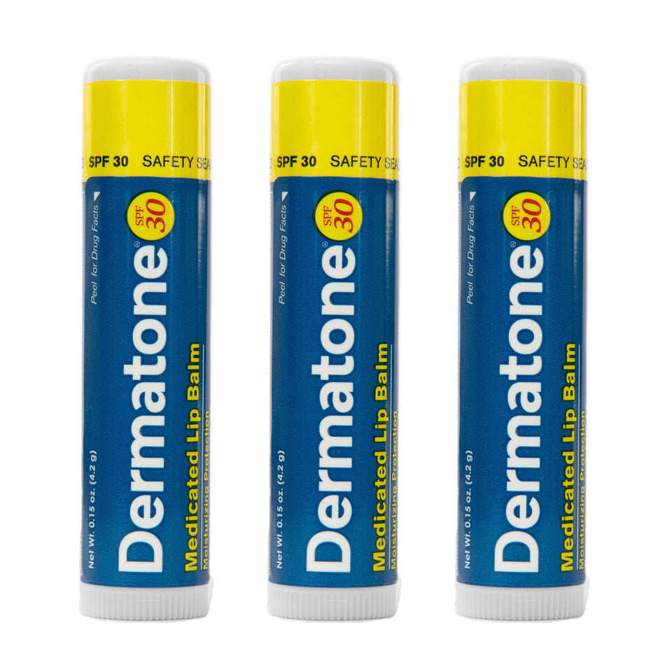 DERMATONE front packaging showing three medicated lip balm sticks and benefits