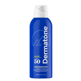 DERMATONE front packaging of SPF 50 spray showing compact travel-ready design and quick protection