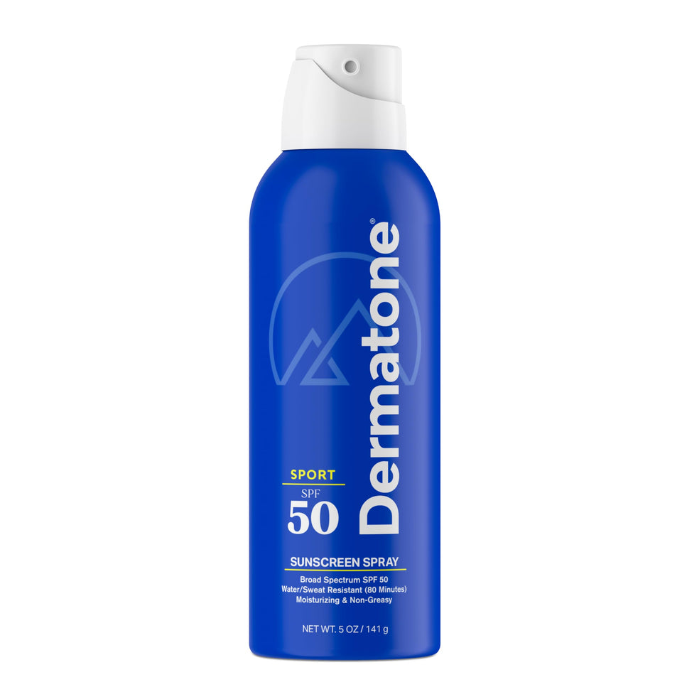 DERMATONE front packaging of SPF 50 spray showing compact travel-ready design and quick protection