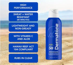 DERMATONE spray held in hand to show 5oz size for travel convenience and on-the-go protection