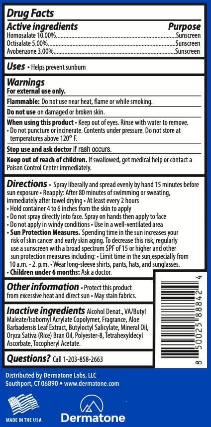DERMATONE bottle beside water droplets showing water-resistant formula suitable for activity