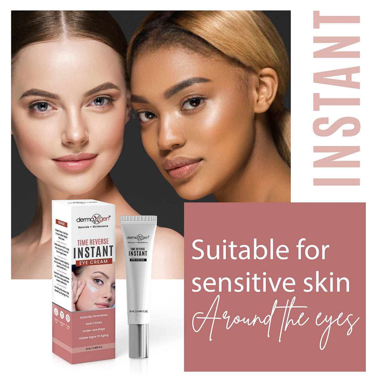 DERMAXGEN model applying cream under eye showing natural-looking lift benefit