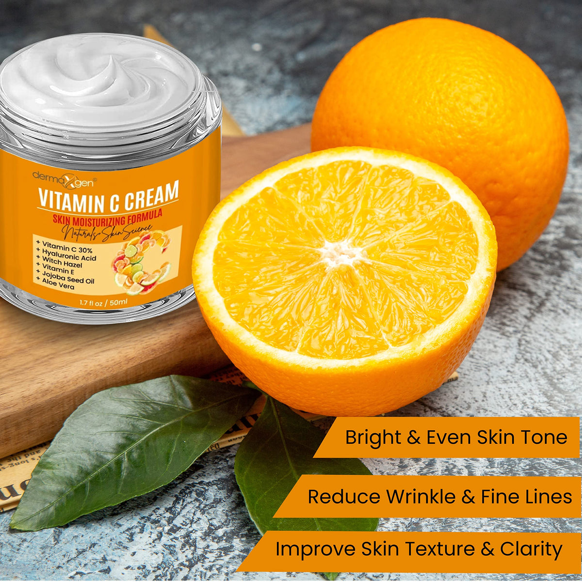 DERMAXGEN jar open with cream inside, illustrating moisturizing, non-greasy formula