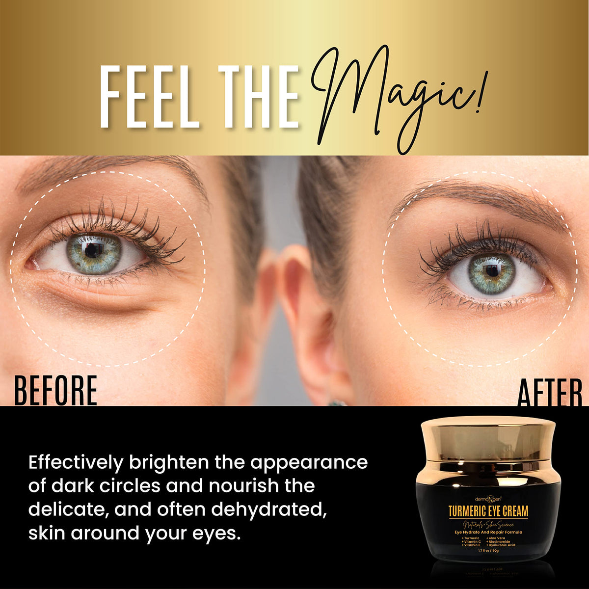 DERMAXGEN illustrative before and after under-eye brightening improvement