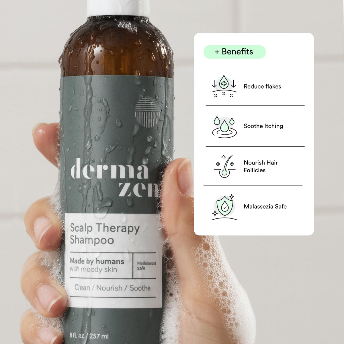 Dermazen applied to scalp with fingers, showing soothing massage
