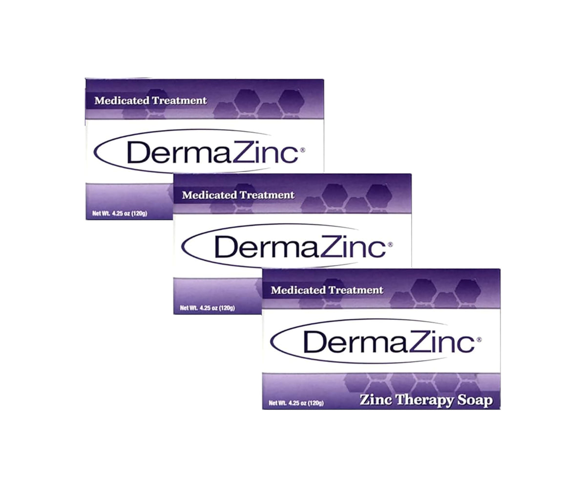 DermaZinc front packaging showing three therapeutic soap bars and benefits