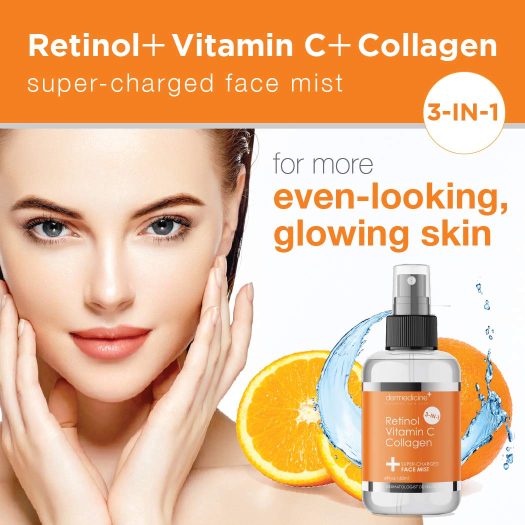 Dermedicine spray droplets on skin texture highlighting instant hydration and glow