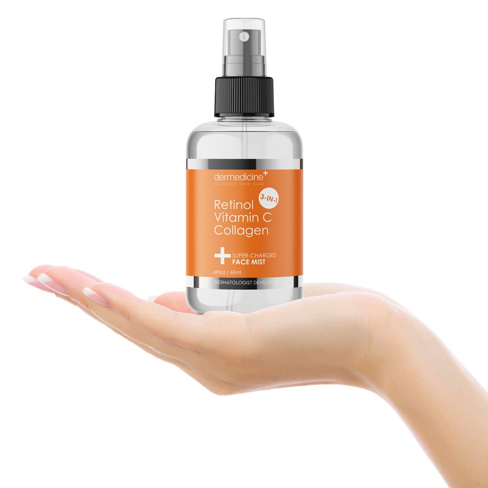 Dermedicine in use: model misting face to show easy daily application and radiance