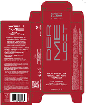 Dermelect beside lipstick and brushes illustrating smoother lip borders and reduced feathering