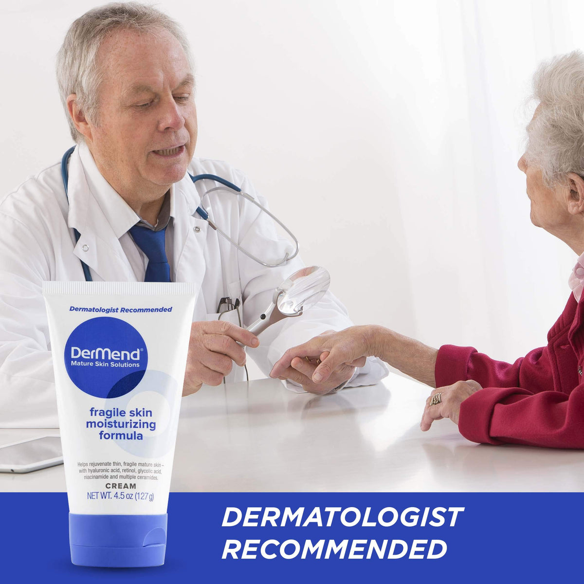 Dermend being applied to face illustrating gentle use for fragile, mature facial skin benefits