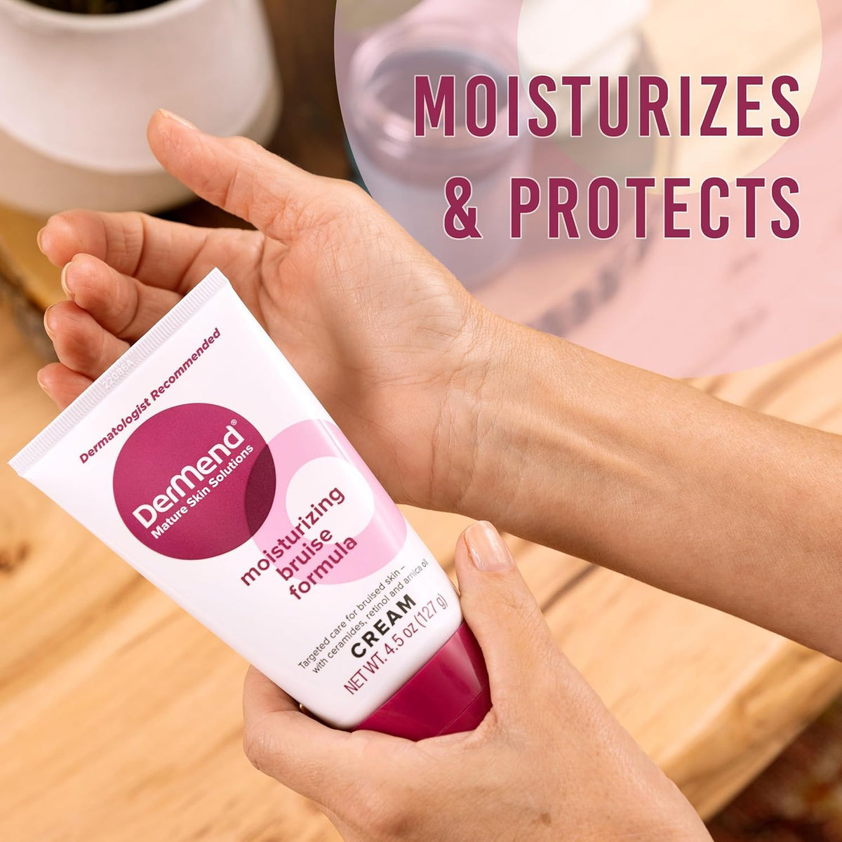 Dermend applied to older hand demonstrating moisturization and smoothing