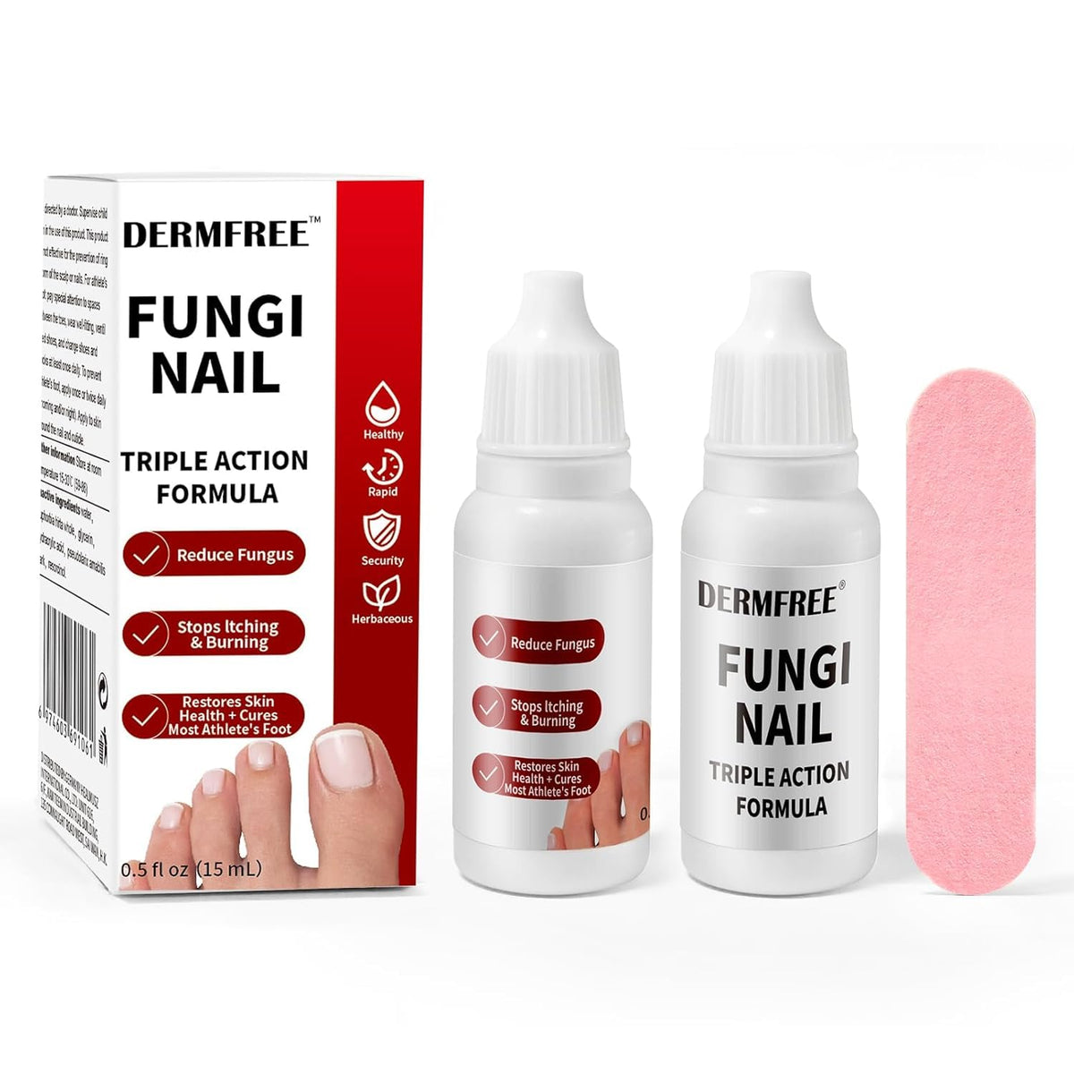 DERMFREE bottle front view showing compact, travel-ready nail treatment