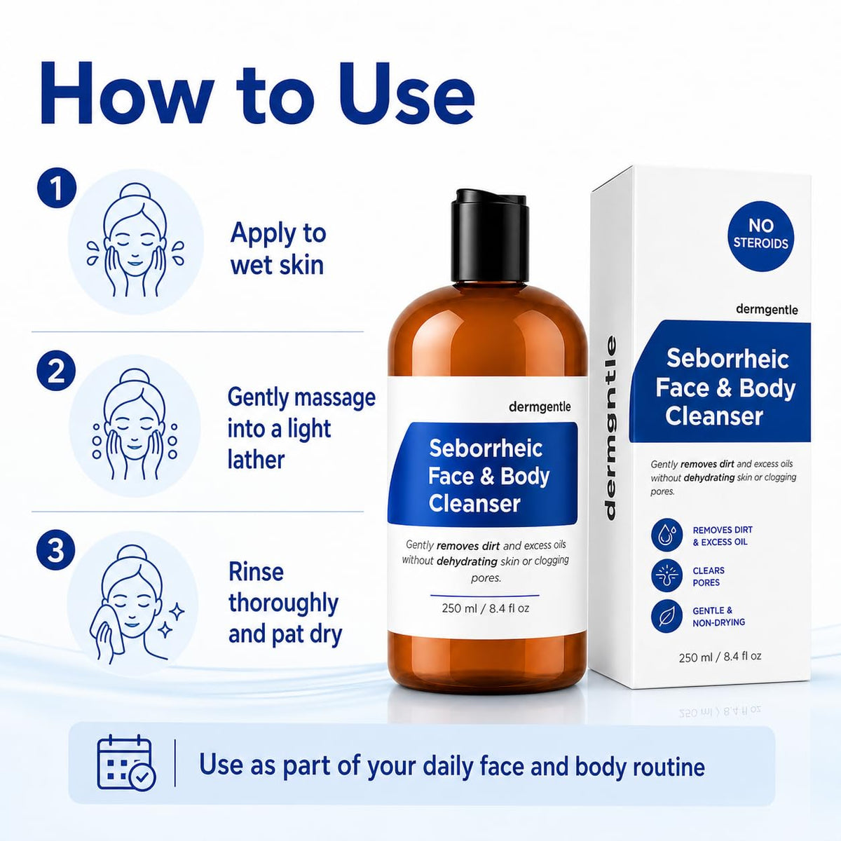 Dermgentle on bathroom shelf in lifestyle scene suggesting daily use